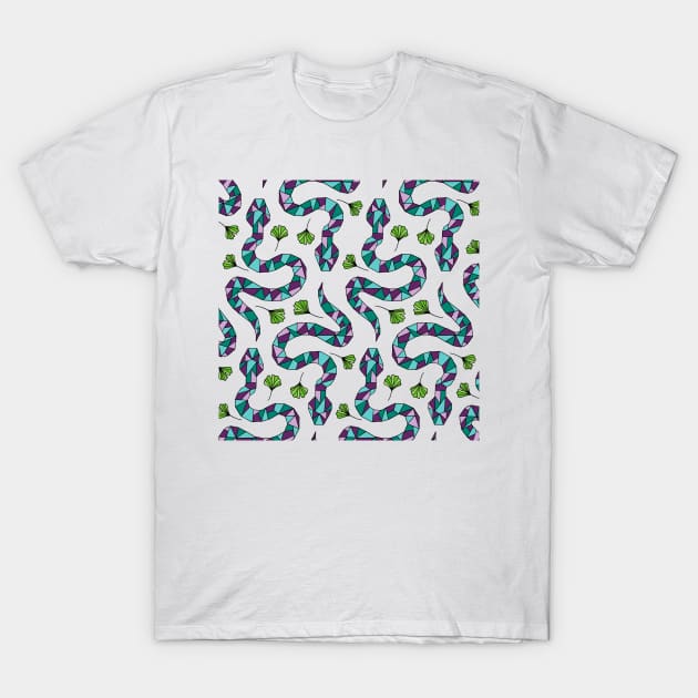 Geometric Snakes and Ginkgo Leaves Pattern T-Shirt by HLeslie Design